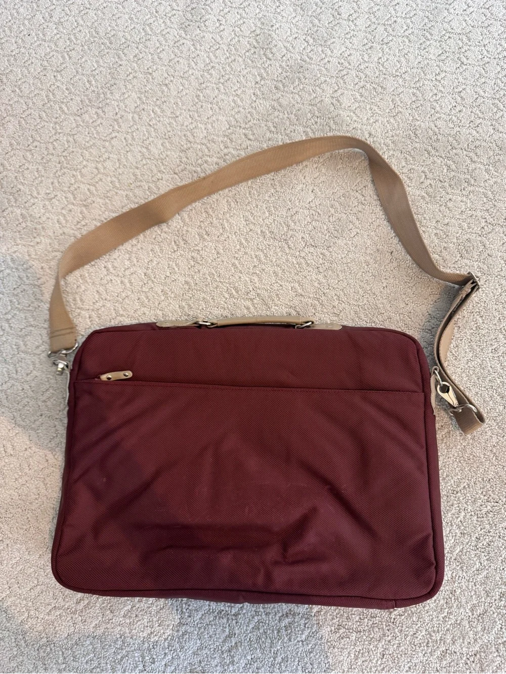 Burton Burgundy Crossbody Messenger laptop Bag with Tan Strap